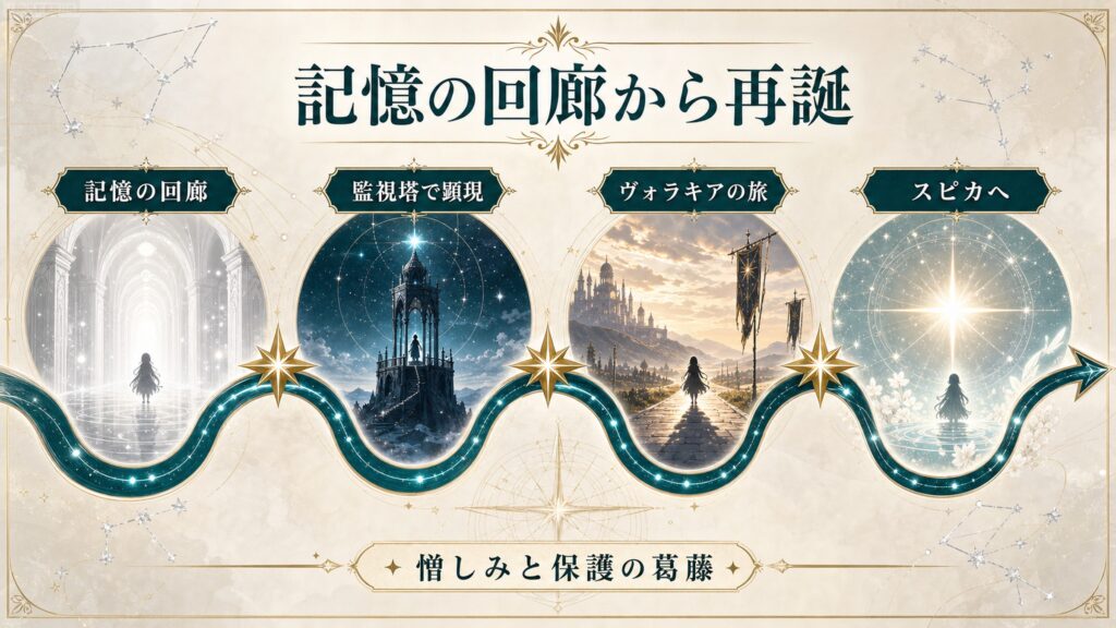 ルイ・アルネブの物語を記憶の回廊、監視塔での顕現、ヴォラキアの旅、スピカへの再誕で整理した図解