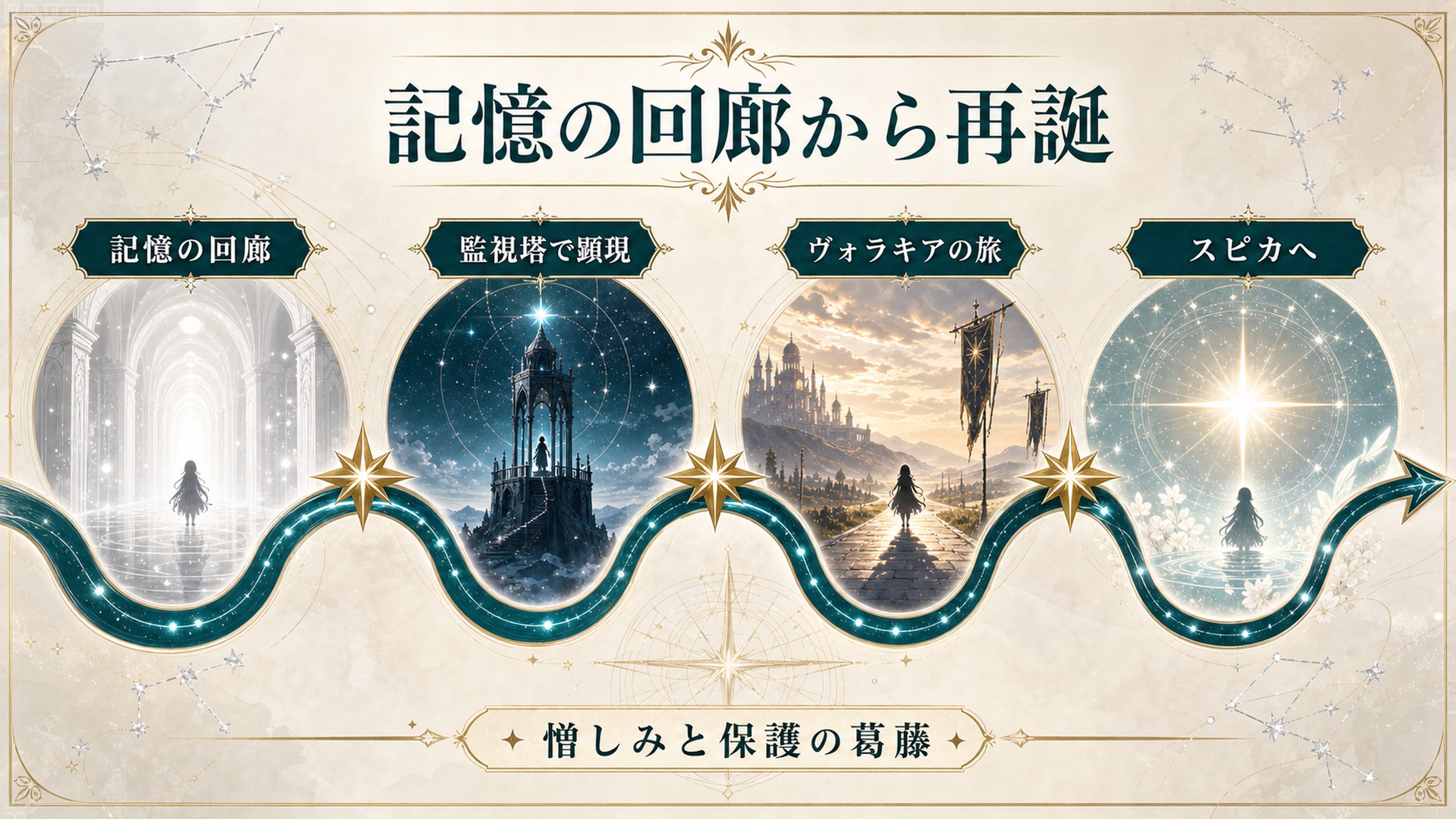 ルイ・アルネブの物語を記憶の回廊、監視塔での顕現、ヴォラキアの旅、スピカへの再誕で整理した図解