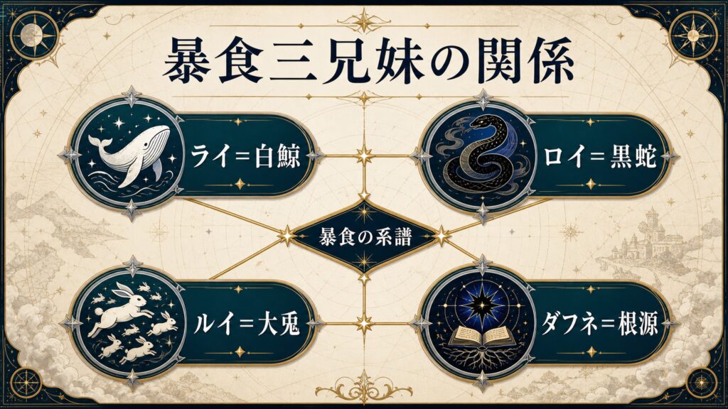 暴食三兄妹とダフネの関係をライ、ロイ、ルイ、ダフネで整理した図解