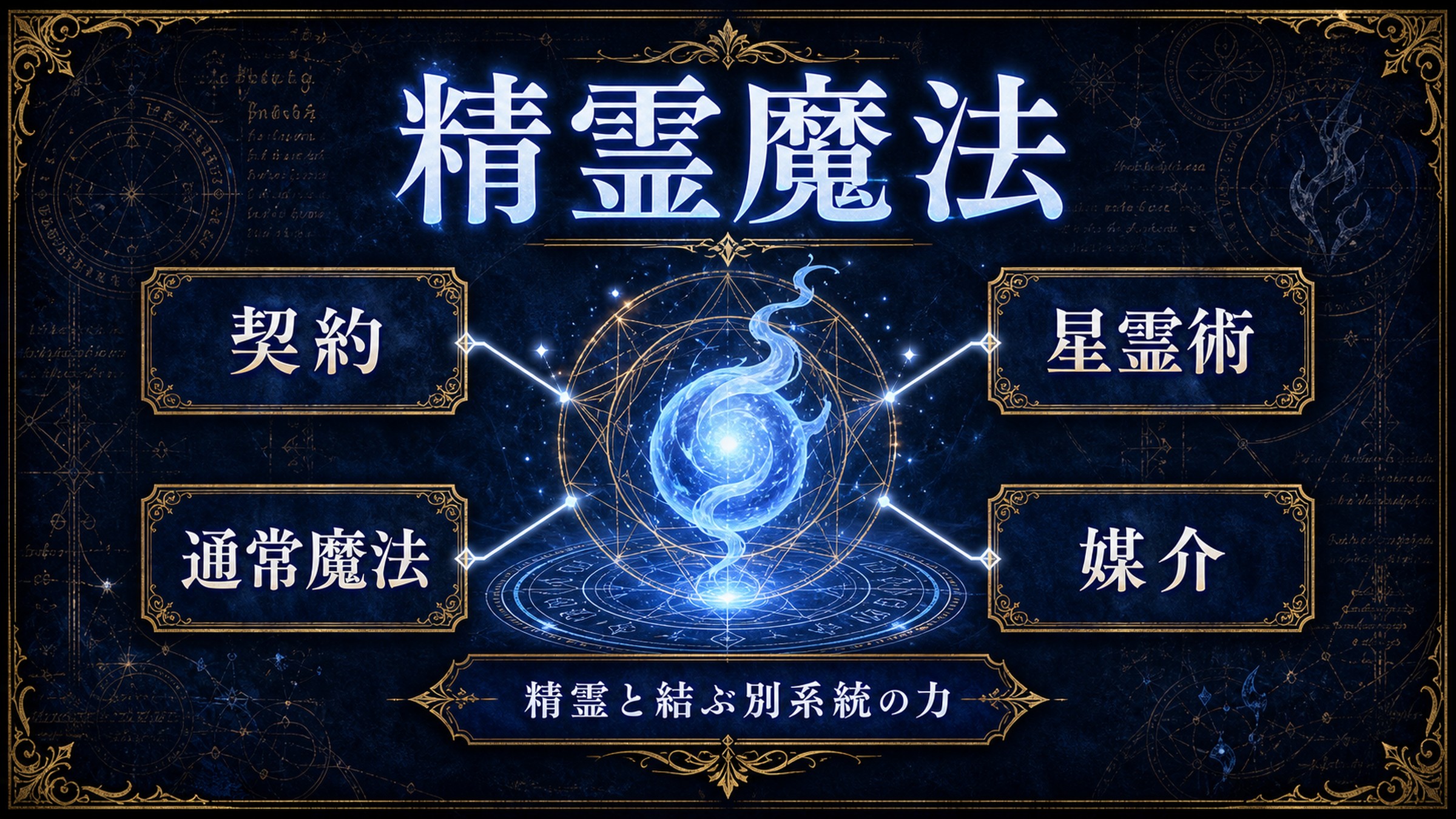 精霊魔法を契約、星霊術、通常魔法、媒介として整理した図解