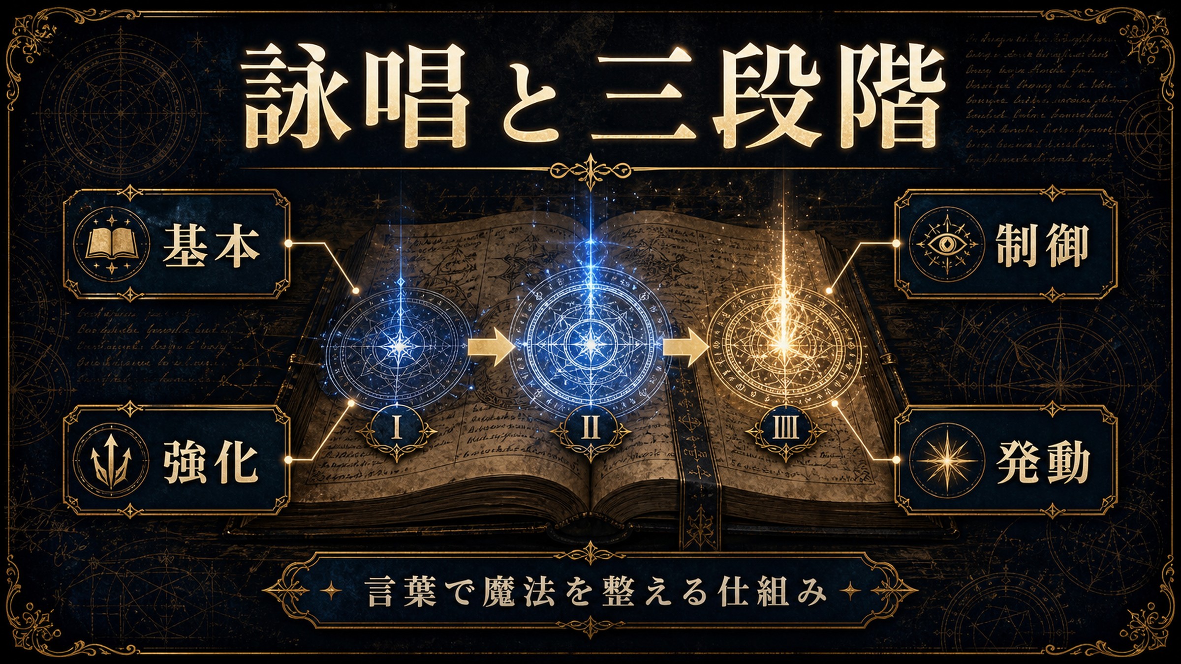 魔法の詠唱と三段階強化を基本、強化、制御、発動として整理した図解