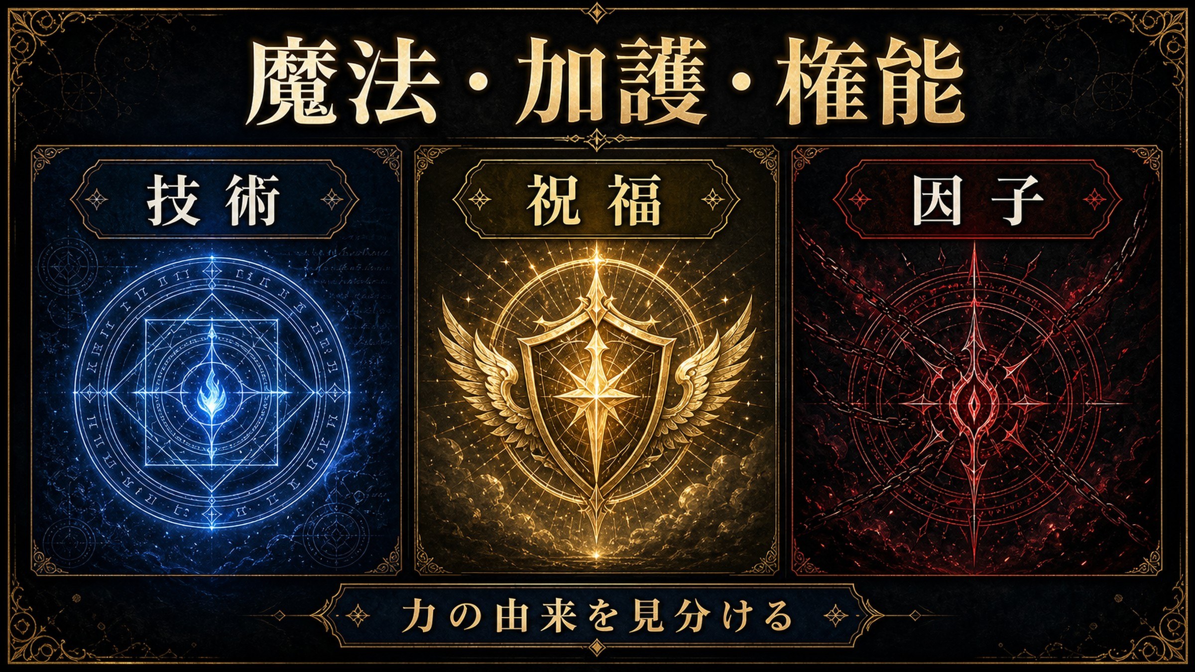 魔法、加護、権能の違いを技術、祝福、因子として整理した図解
