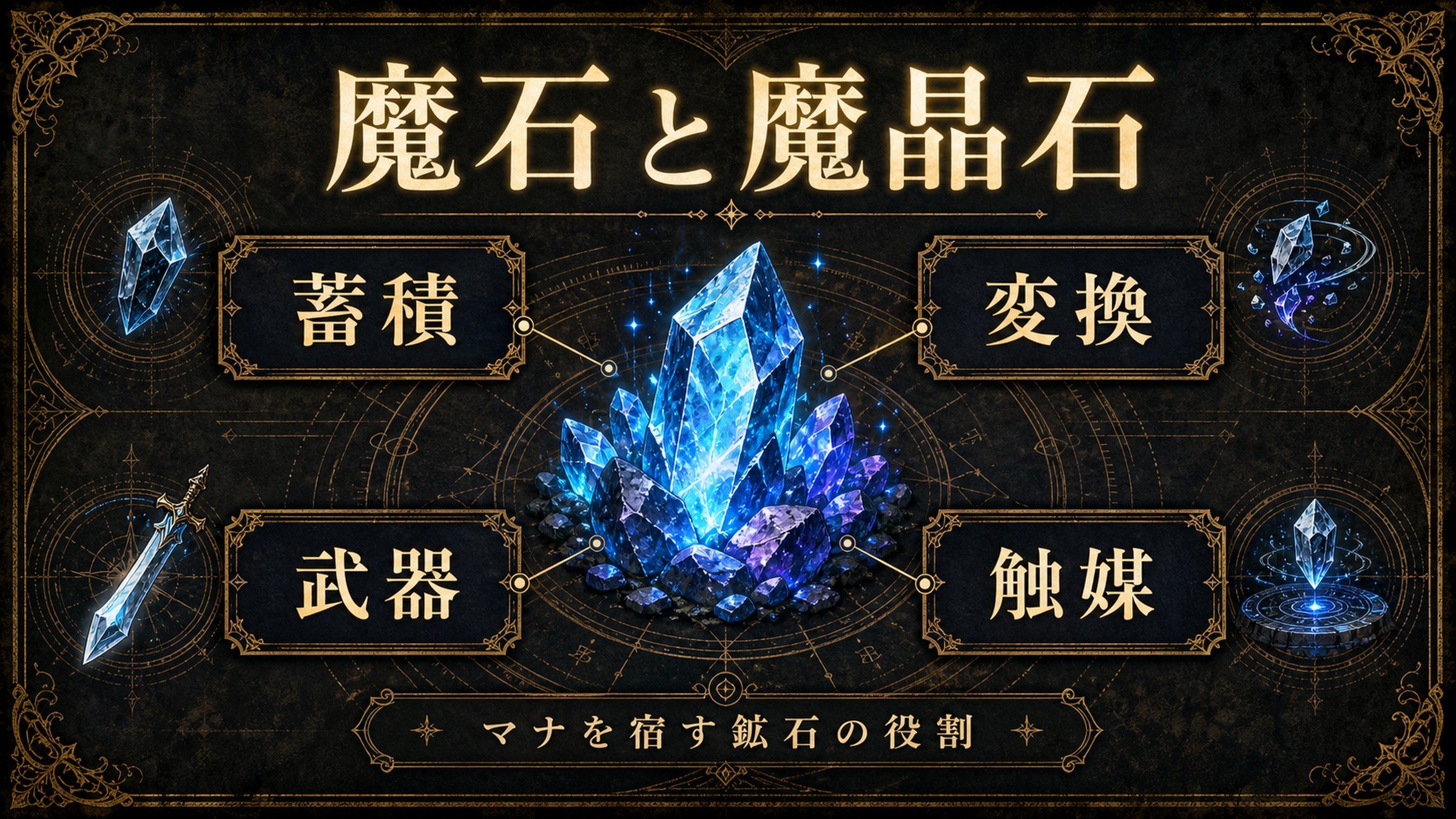 魔石と魔晶石の役割を蓄積、変換、武器、触媒として整理した図解