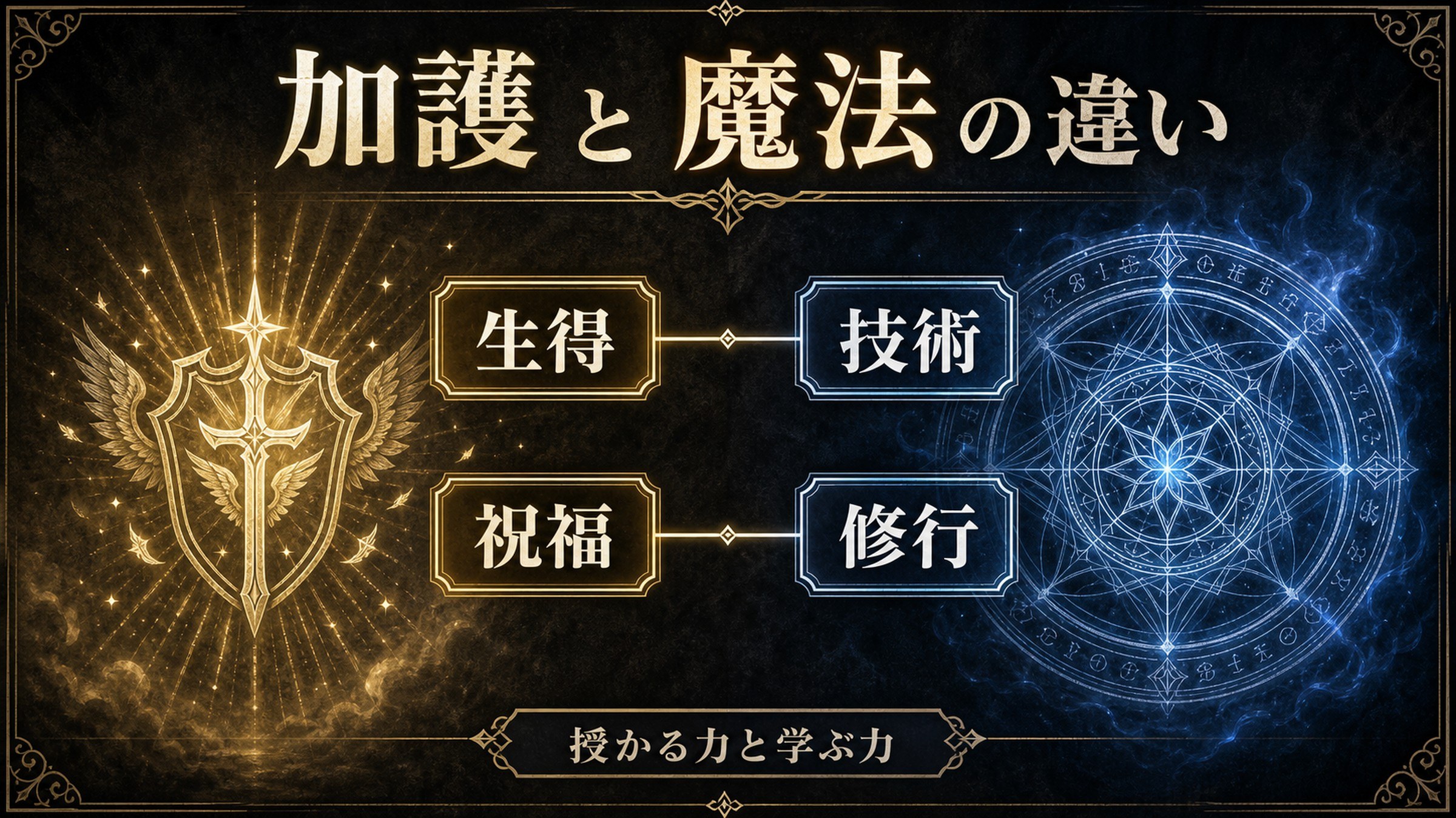 加護と魔法の違いを生得、技術、祝福、修行として整理した図解