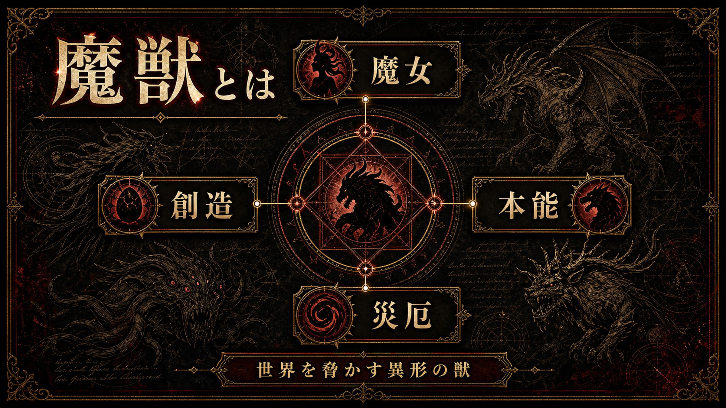 魔獣の基礎を魔女、創造、本能、災厄として整理した図解