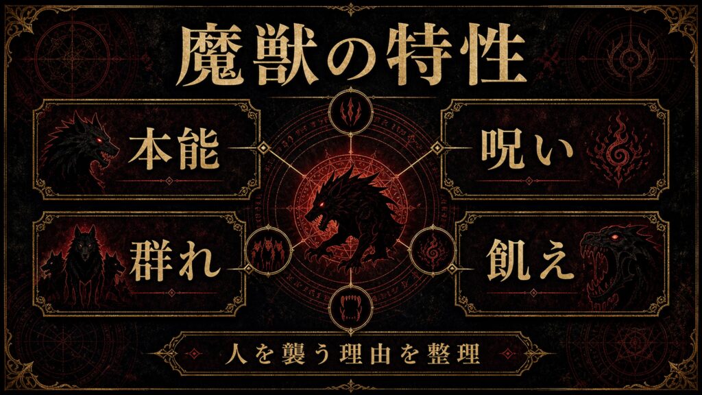 魔獣の特性を本能、群れ、呪い、飢えとして整理した図解