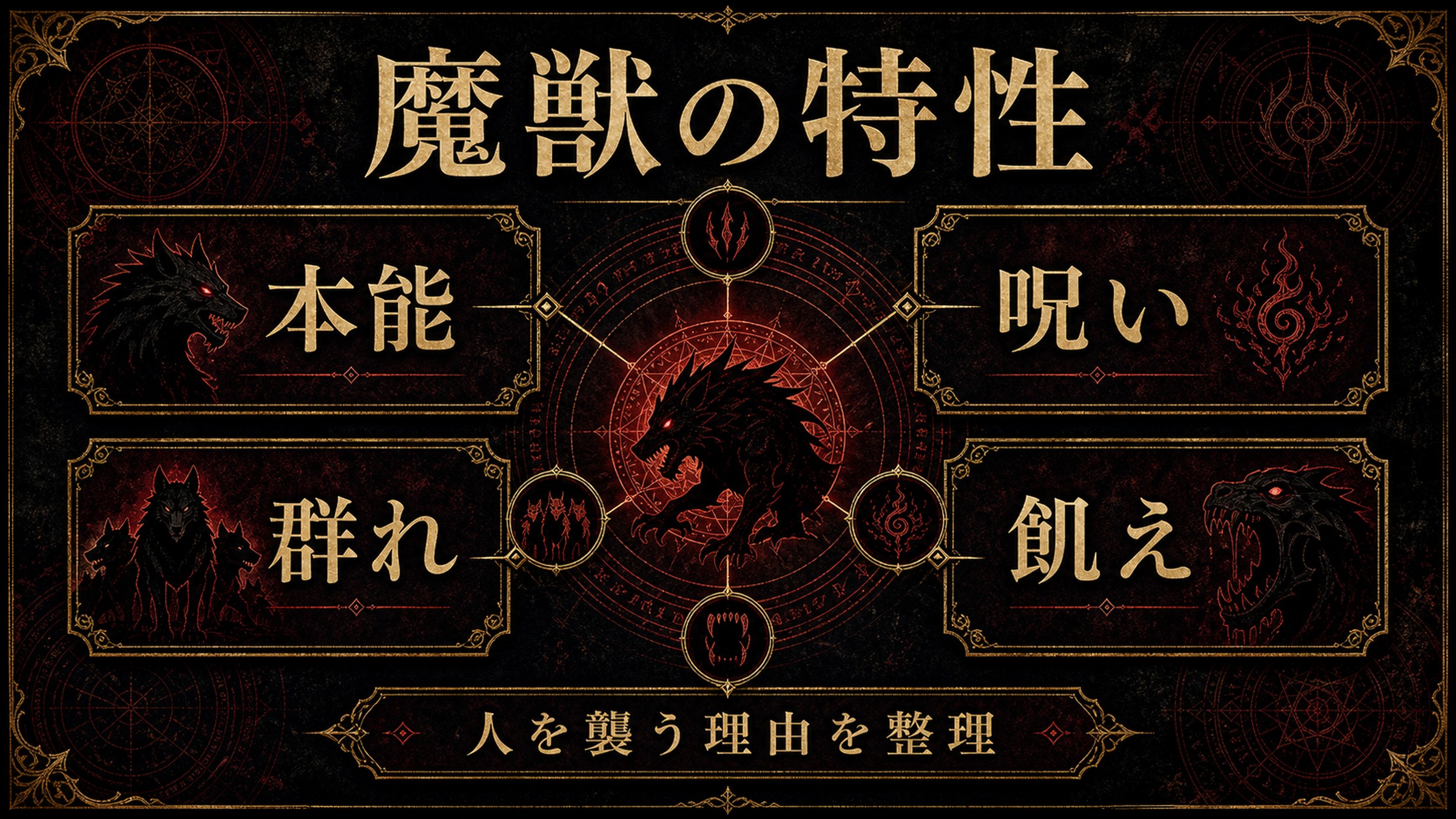 魔獣の特性を本能、群れ、呪い、飢えとして整理した図解