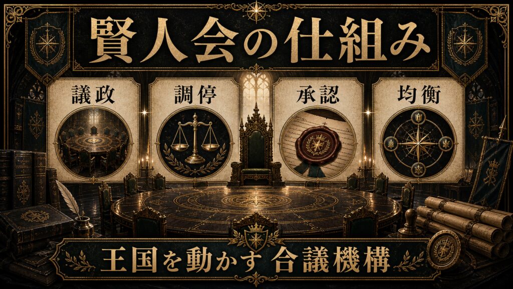 賢人会の仕組みを議政、調停、承認、均衡として整理した図解