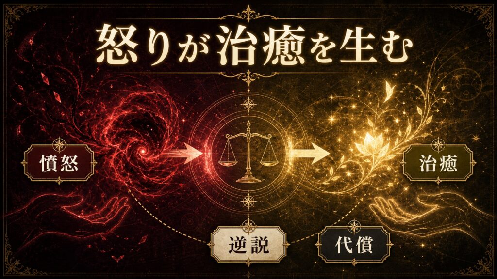 怒りが治癒を生む逆説を憤怒、治癒、逆説、代償として整理した図解