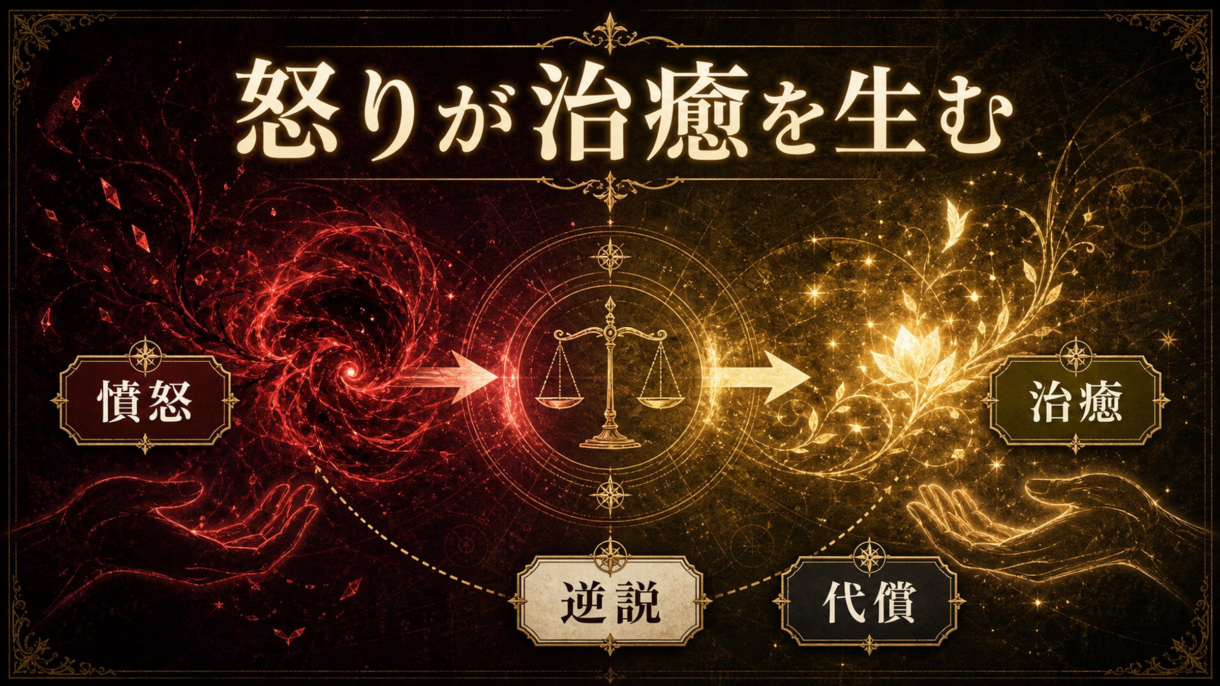 怒りが治癒を生む逆説を憤怒、治癒、逆説、代償として整理した図解