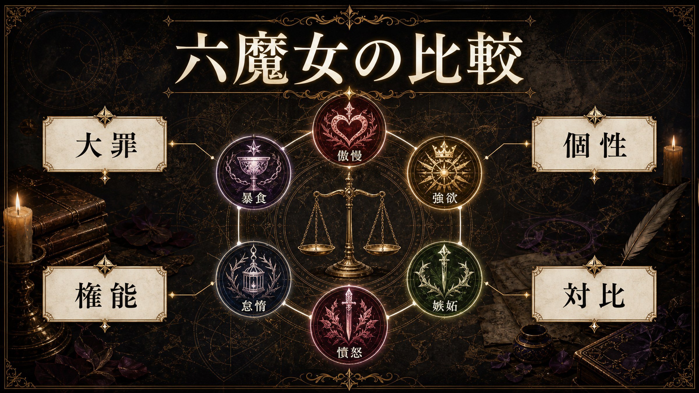 六魔女の比較を大罪、個性、権能、対比として整理した図解