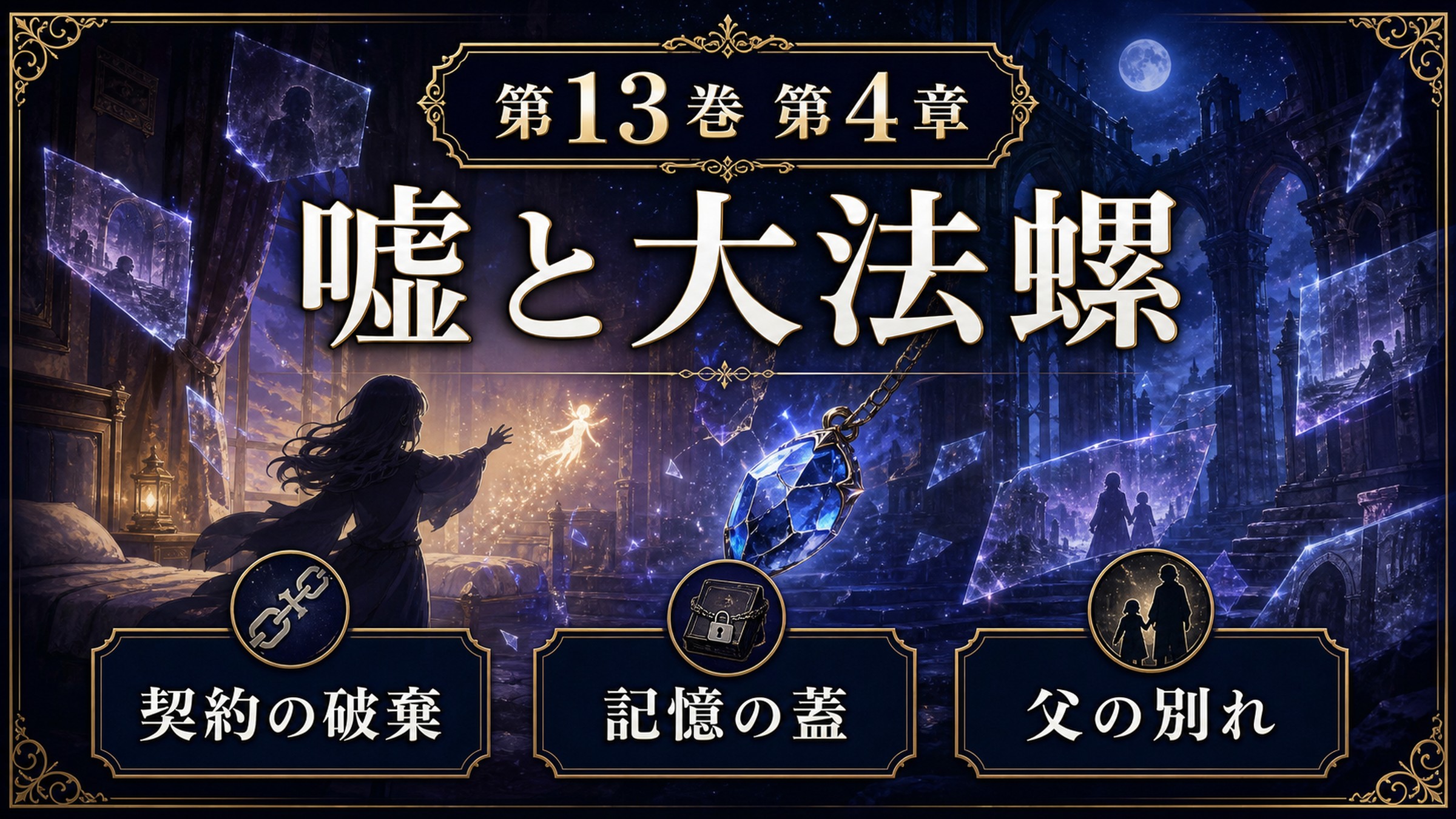 リゼロ原作小説13巻第4章を嘘と大法螺、契約の破棄、記憶の蓋、父の別れとして整理した図解