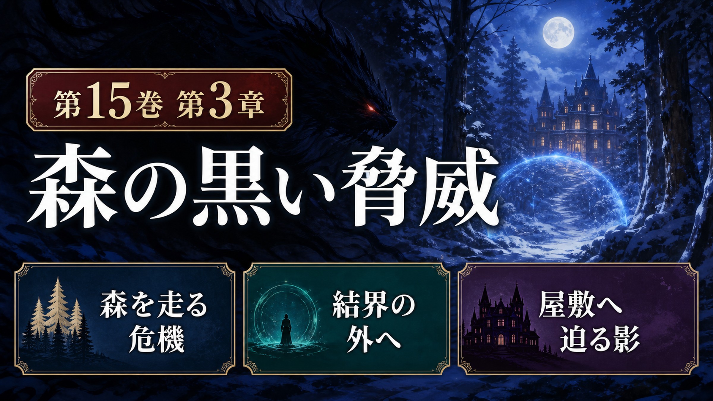 リゼロ原作小説15巻第3章を森の黒い脅威、森を走る危機、結界の外へ、屋敷へ迫る影として整理した図解