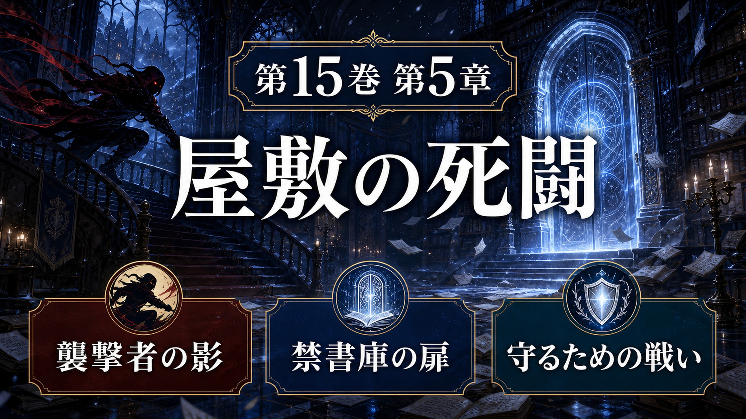 リゼロ原作小説15巻第5章を屋敷の死闘、襲撃者の影、禁書庫の扉、守るための戦いとして整理した図解