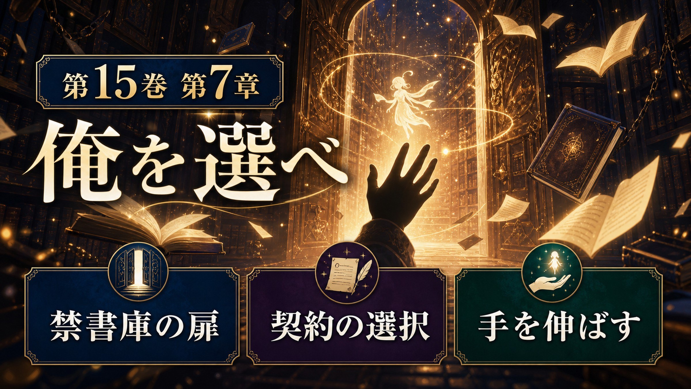 リゼロ原作小説15巻第7章を俺を選べ、禁書庫の扉、契約の選択、手を伸ばすとして整理した図解