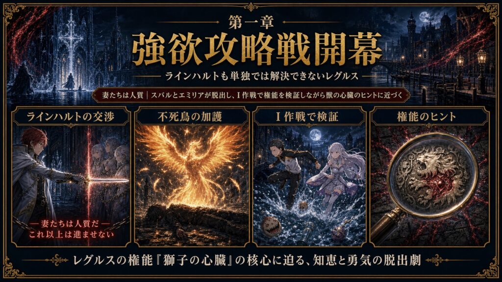 リゼロ19巻第一章強欲攻略戦開幕をラインハルトの交渉、不死鳥の加護、I作戦で検証、権能のヒントとして整理した図解