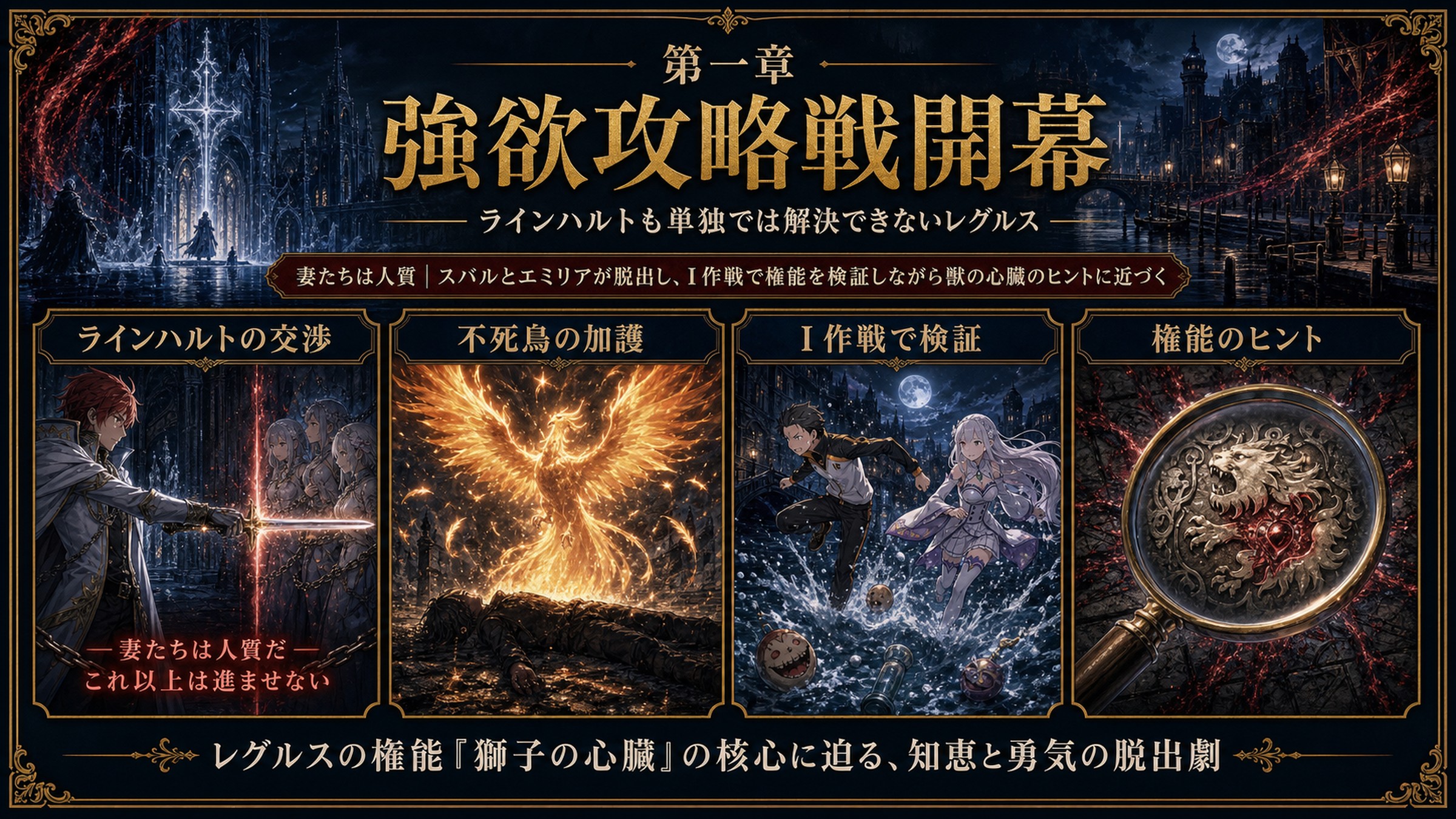 リゼロ19巻第一章強欲攻略戦開幕をラインハルトの交渉、不死鳥の加護、I作戦で検証、権能のヒントとして整理した図解