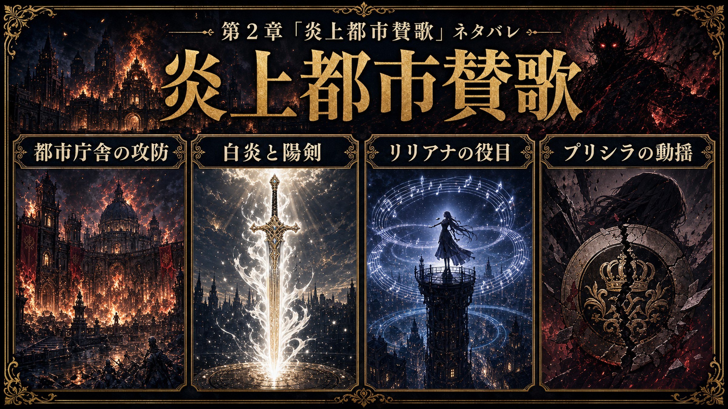 リゼロ19巻第二章炎上都市賛歌を都市庁舎の攻防、白炎と陽剣、リリアナの役目、プリシラの動揺として整理した図解