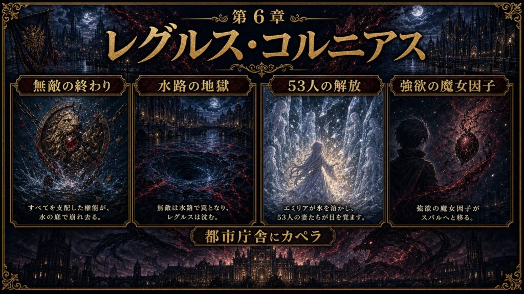 リゼロ19巻第六章レグルス・コルニアスを無敵の終わり、水路の地獄、53人の解放、強欲の魔女因子として整理した図解