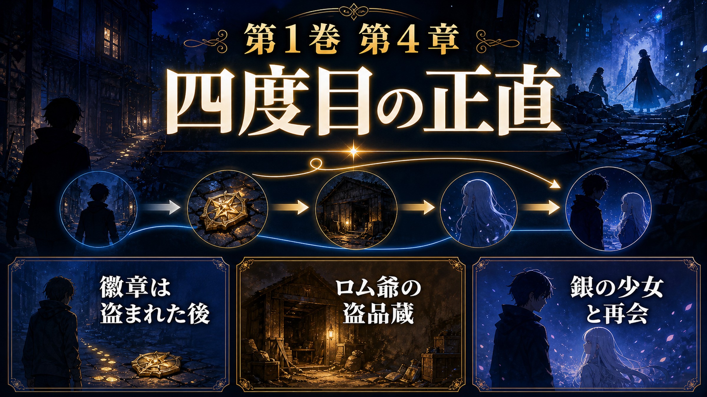 リゼロ原作小説1巻第4章を徽章は盗まれた後、ロム爺の盗品蔵、銀の少女と再会として整理した図解