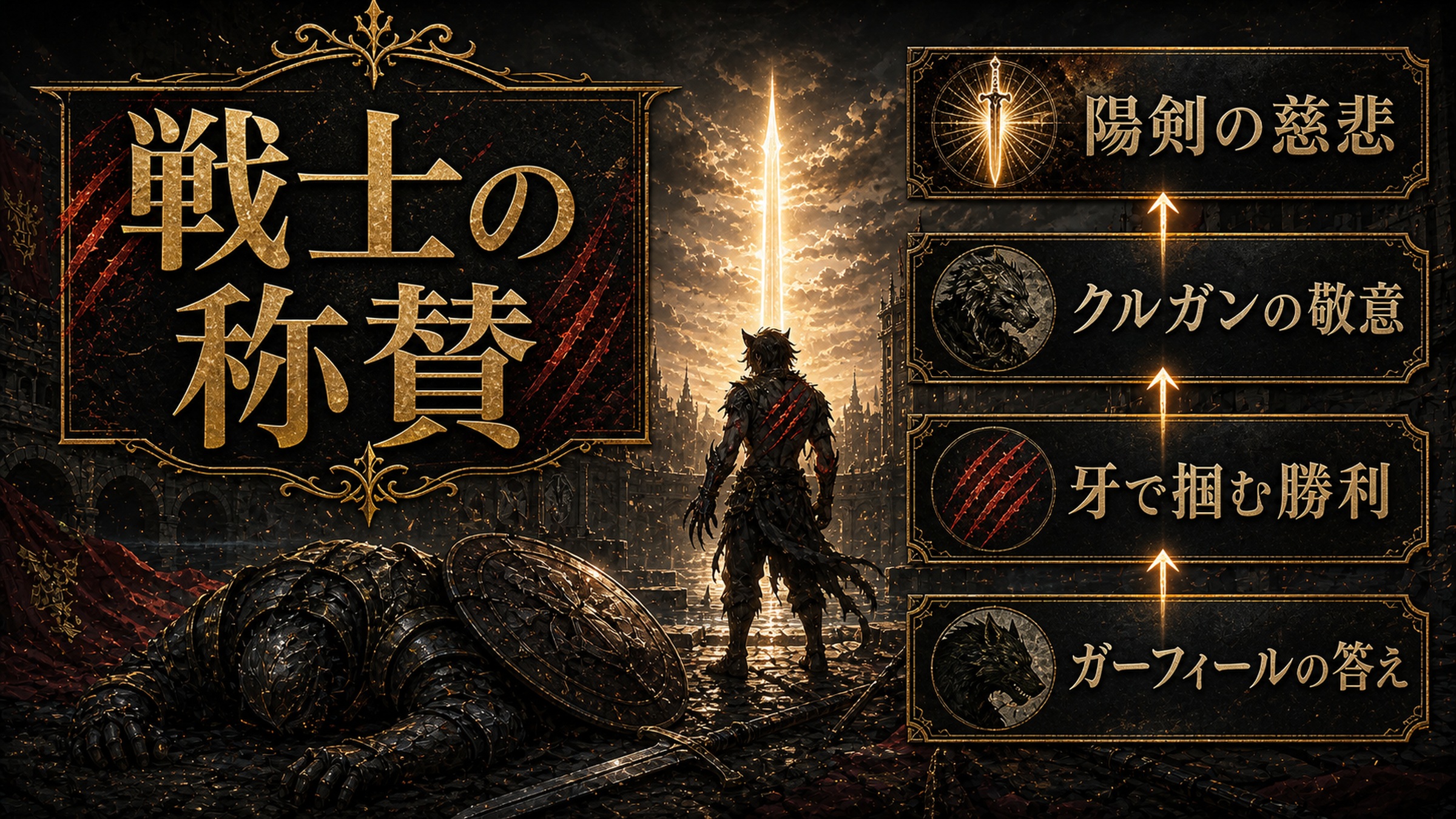 リゼロ20巻第三章戦士の称賛をガーフィールの答え、牙で掴む勝利、クルガンの敬意、陽剣の慈悲として整理した図解