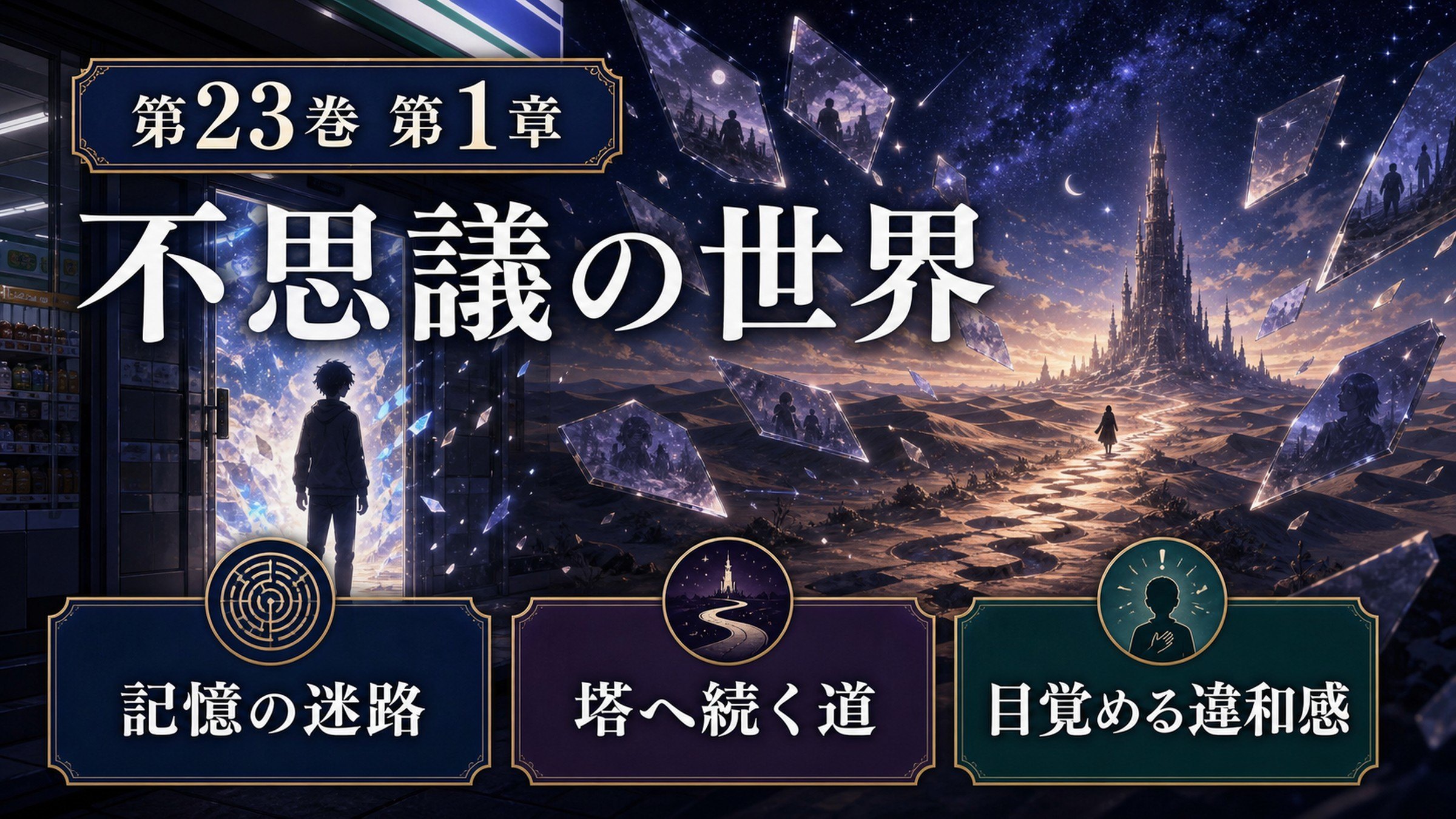 リゼロ原作小説23巻第1章を不思議の世界、記憶の迷路、塔へ続く道、目覚める違和感として整理した図解