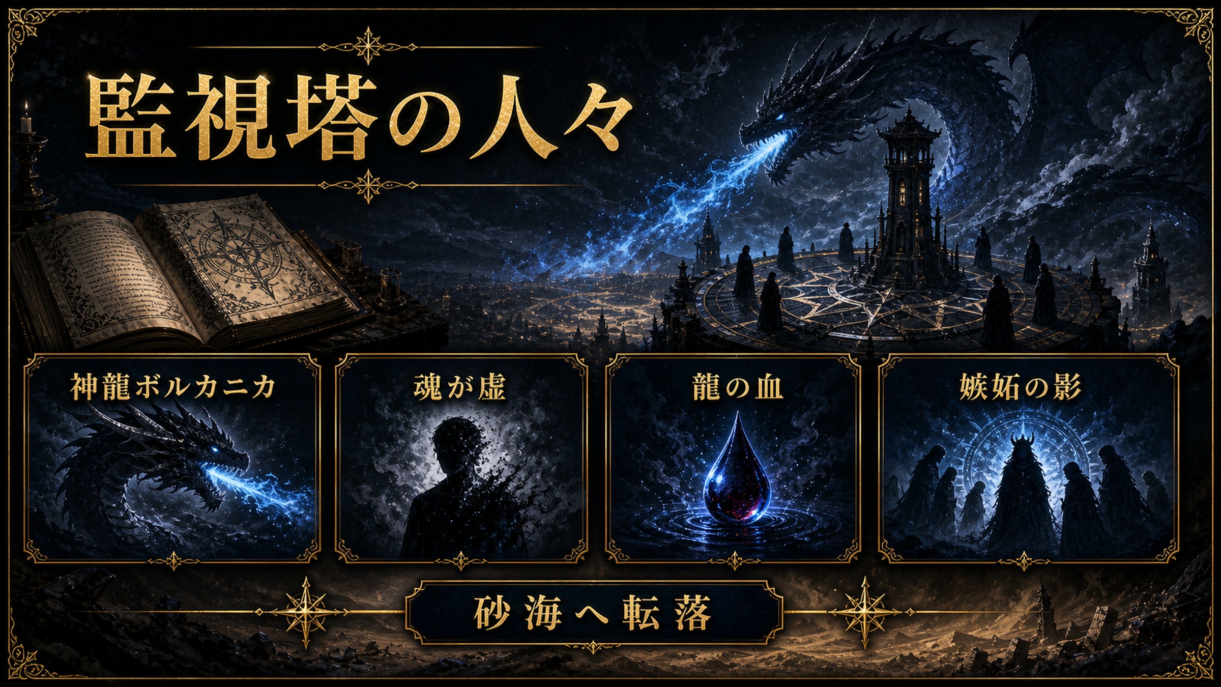 リゼロ原作小説26巻プロローグ監視塔の人々を神龍ボルカニカ、魂が虚、龍の血、嫉妬の影、砂海へ転落として整理した図解