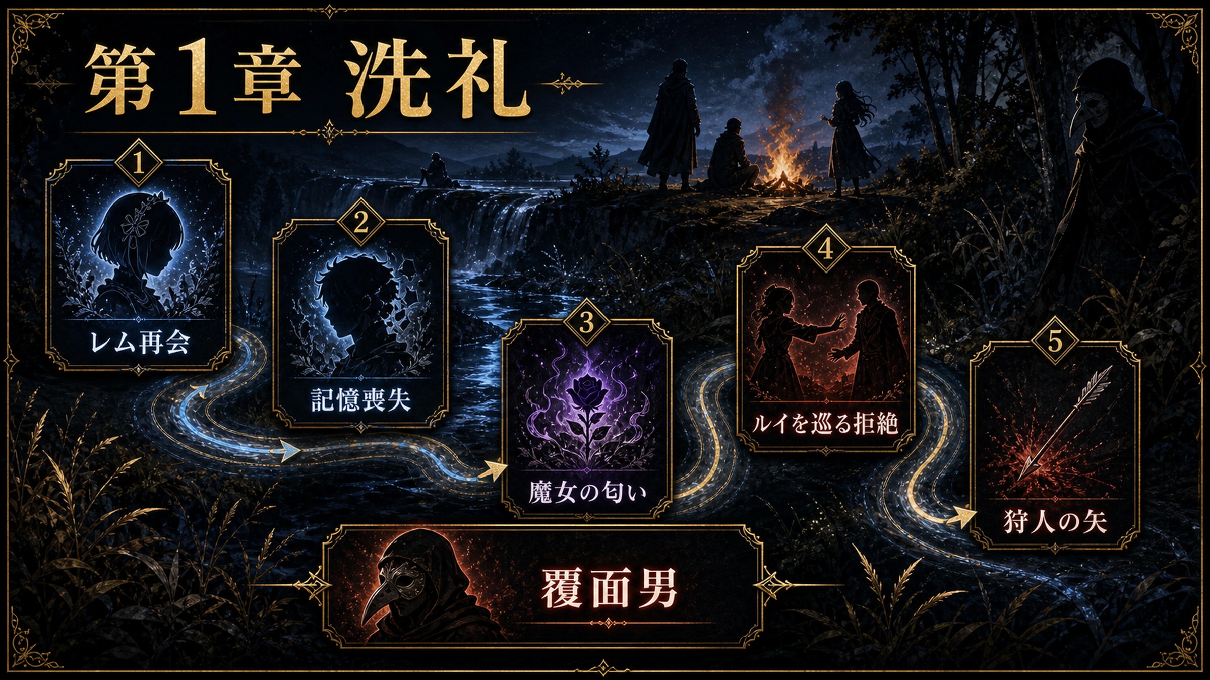 リゼロ原作小説26巻第1章洗礼をレム再会、記憶喪失、魔女の匂い、ルイを巡る拒絶、狩人の矢、覆面男として整理した図解