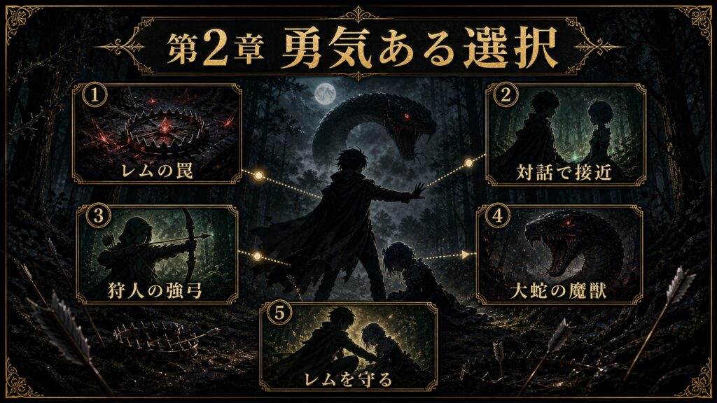 リゼロ原作小説26巻第2章勇気ある選択をレムの罠、対話で接近、狩人の強弓、大蛇の魔獣、レムを守るとして整理した図解