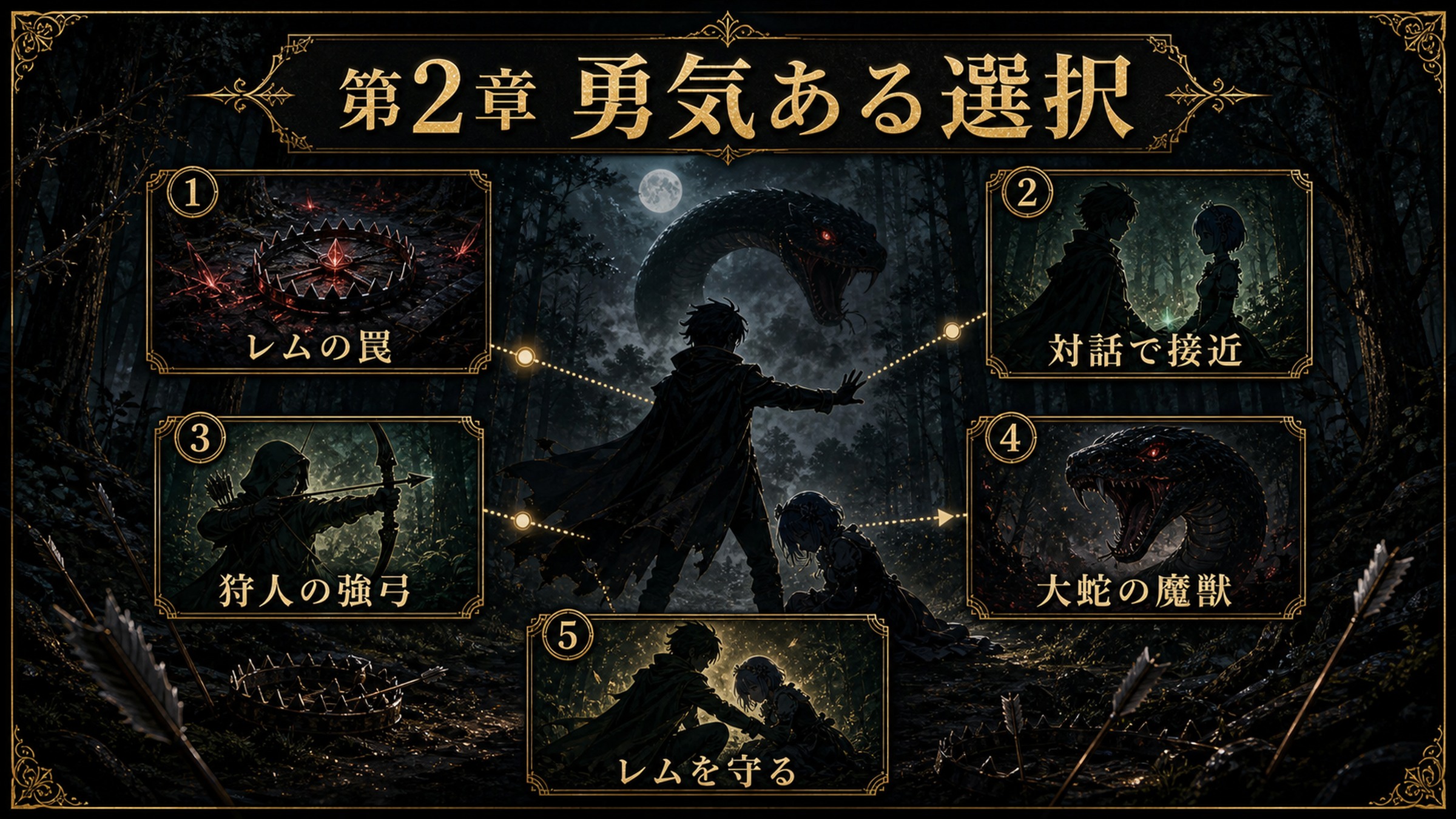 リゼロ原作小説26巻第2章勇気ある選択をレムの罠、対話で接近、狩人の強弓、大蛇の魔獣、レムを守るとして整理した図解