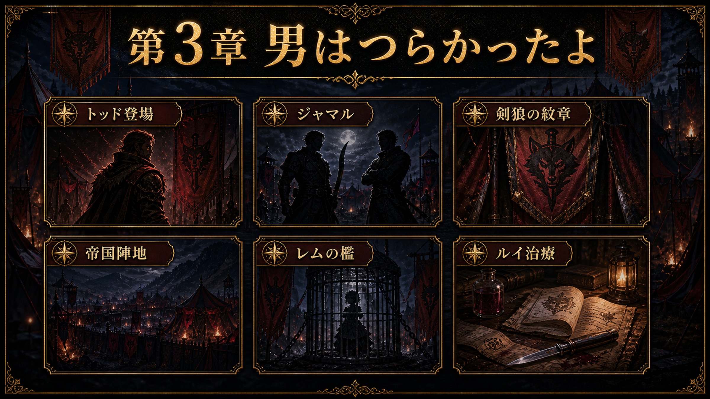 リゼロ原作小説26巻第3章男はつらかったよをトッド登場、ジャマル、剣狼の紋章、帝国陣地、レムの檻、ルイ治療として整理した図解