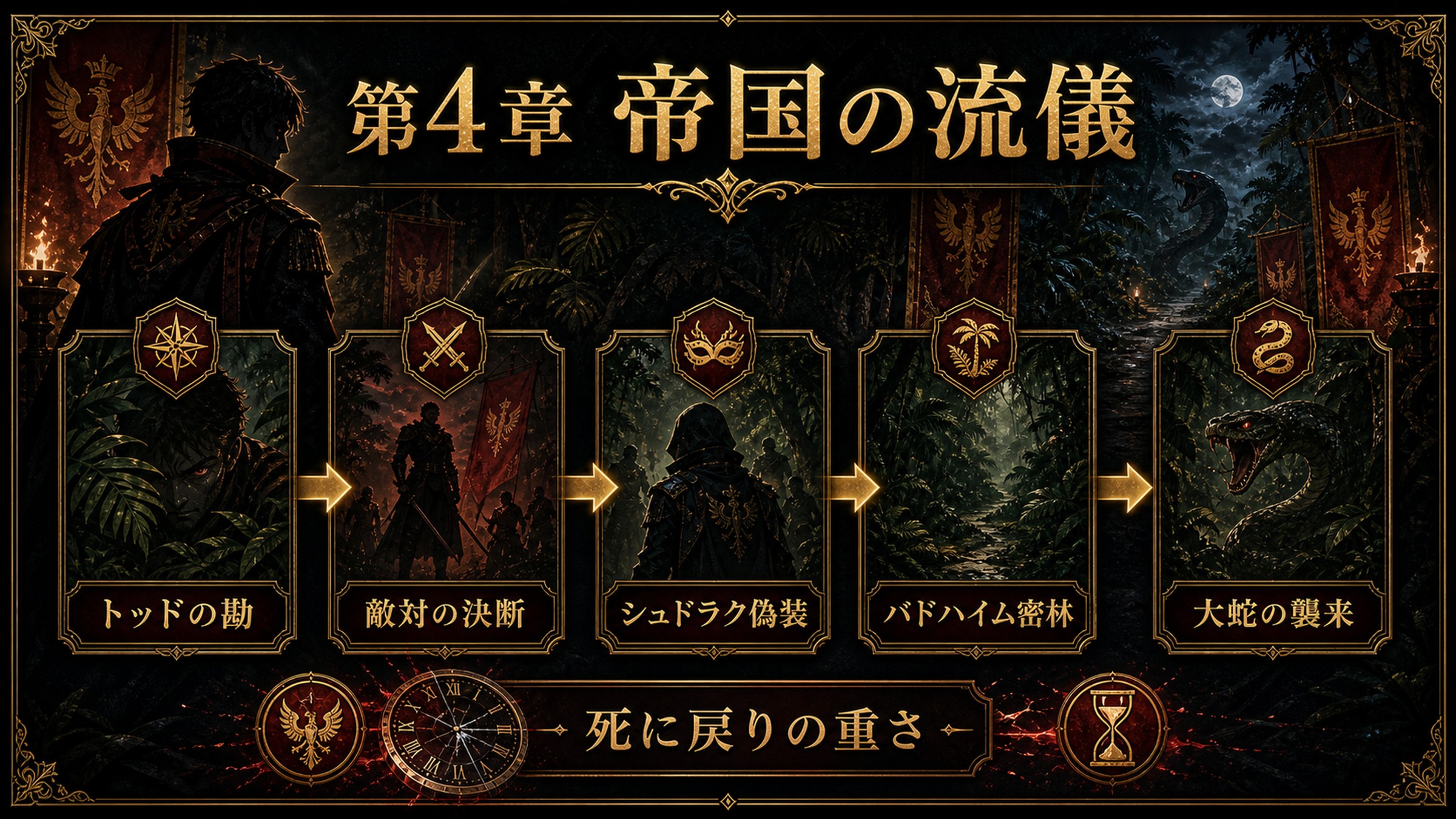 リゼロ原作小説26巻第4章帝国の流儀をトッドの勘、敵対の決断、シュドラク偽装、バドハイム密林、大蛇の襲来、死に戻りの重さとして整理した図解