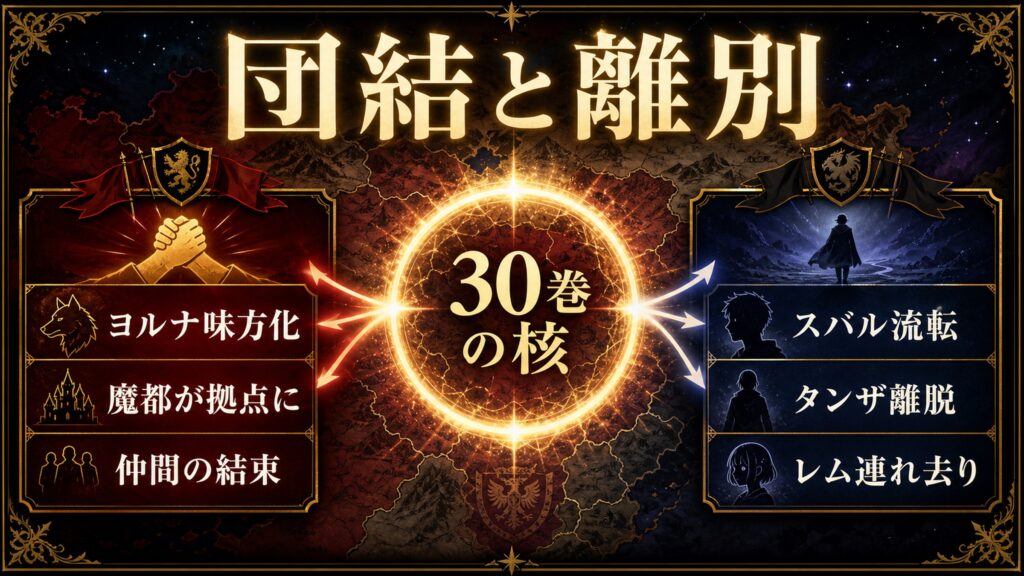 リゼロ30巻の位置づけを団結と離別、ヨルナ味方化、魔都が拠点に、仲間の結束、スバル流転、タンザ離脱、レム連れ去りとして整理した図解