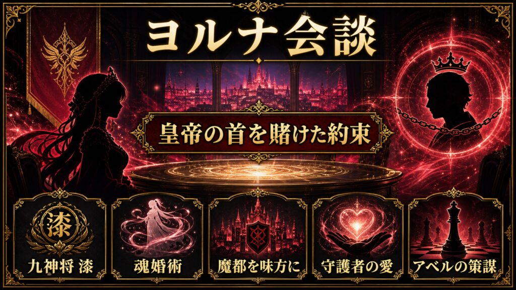 リゼロ30巻のヨルナ会談を皇帝の首を賭けた約束、九神将漆、魂婚術、魔都を味方に、守護者の愛、アベルの策謀として整理した図解