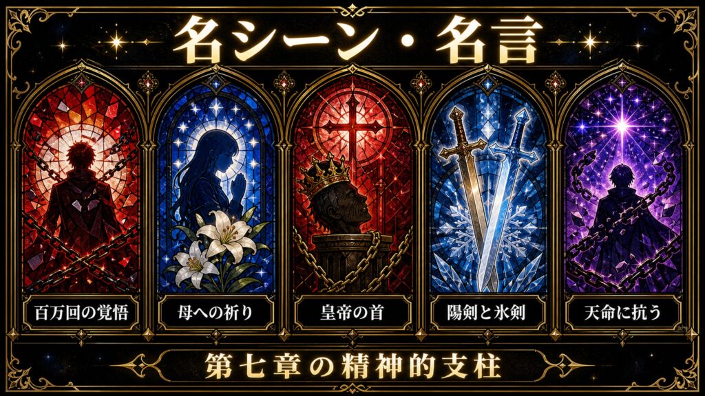リゼロ30巻の名シーンと名言を百万回の覚悟、母への祈り、皇帝の首、陽剣と氷剣、天命に抗う、第七章の精神的支柱として整理した図解