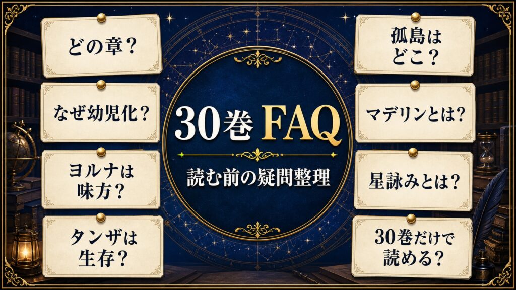 リゼロ30巻FAQをどの章、なぜ幼児化、ヨルナは味方、タンザは生存、孤島はどこ、マデリンとは、星詠みとは、30巻だけで読めるかとして整理した図解