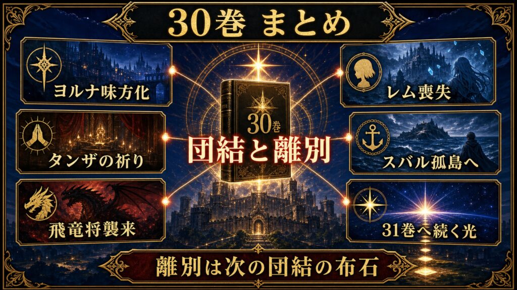 リゼロ30巻のまとめを団結と離別、ヨルナ味方化、タンザの祈り、飛竜将襲来、レム喪失、スバル孤島へ、31巻へ続く光として整理した図解