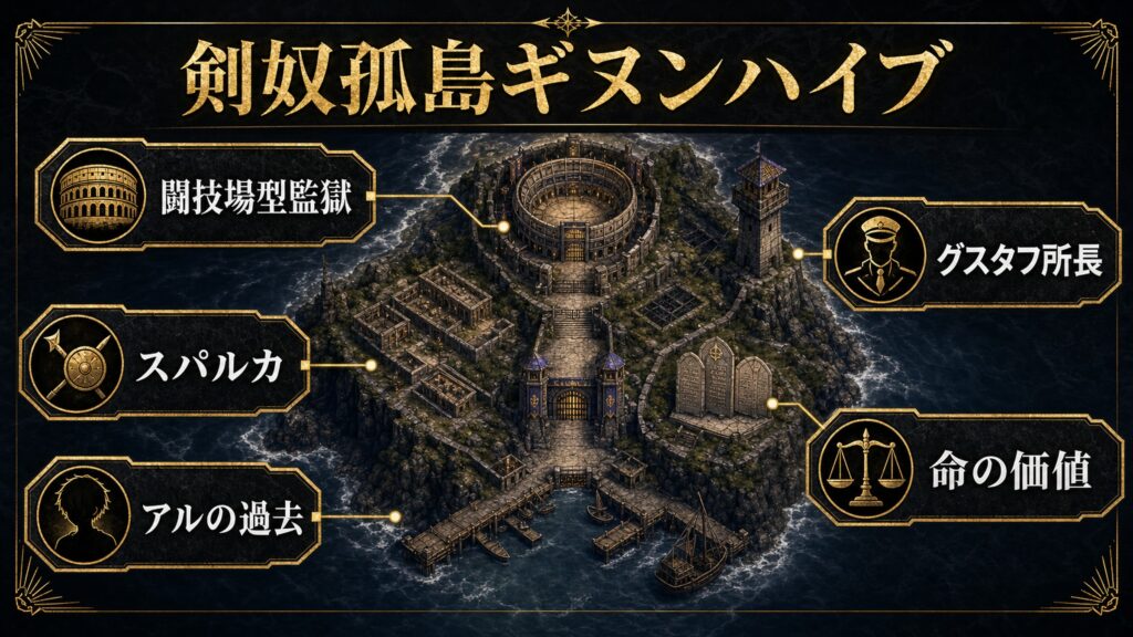 剣奴孤島ギヌンハイブの構造を闘技場型監獄、スパルカ、グスタフ所長、命の価値、アルの過去として整理した図解
