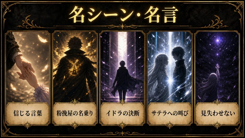 リゼロ原作小説31巻の名シーンを信じる言葉、粉挽屋の名乗り、イドラの決断、サテラへの叫び、見失わせないとして整理した図解