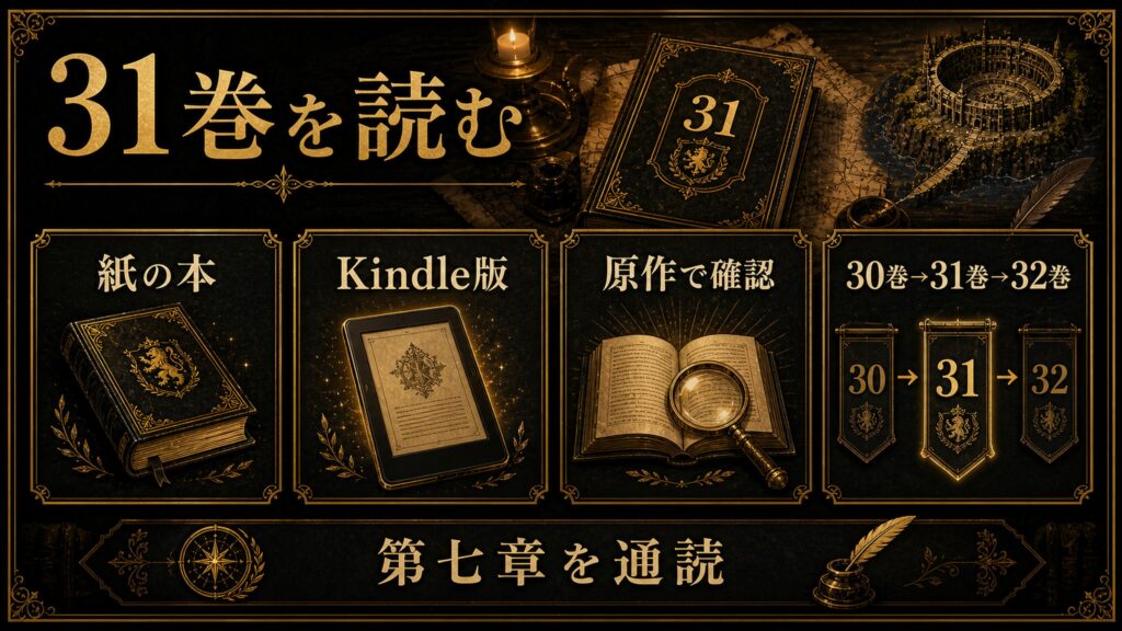 リゼロ原作小説31巻を読む導線を紙の本、Kindle版、原作で確認、30巻から31巻から32巻、第七章を通読として整理した図解