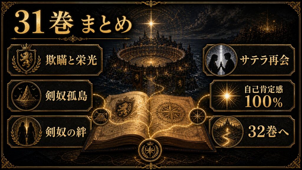 リゼロ原作小説31巻のまとめを欺瞞と栄光、剣奴孤島、剣奴の絆、サテラ再会、自己肯定感100%、32巻へとして整理した図解