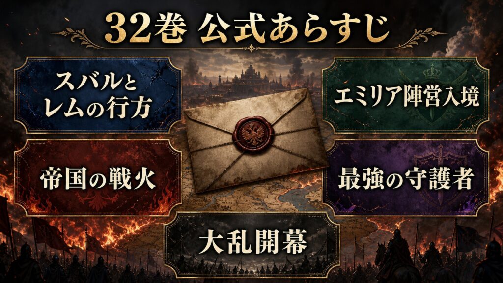 リゼロ原作小説32巻の公式あらすじをスバルとレムの行方、エミリア陣営入境、帝国の戦火、最強の守護者、大乱開幕として整理した図解
