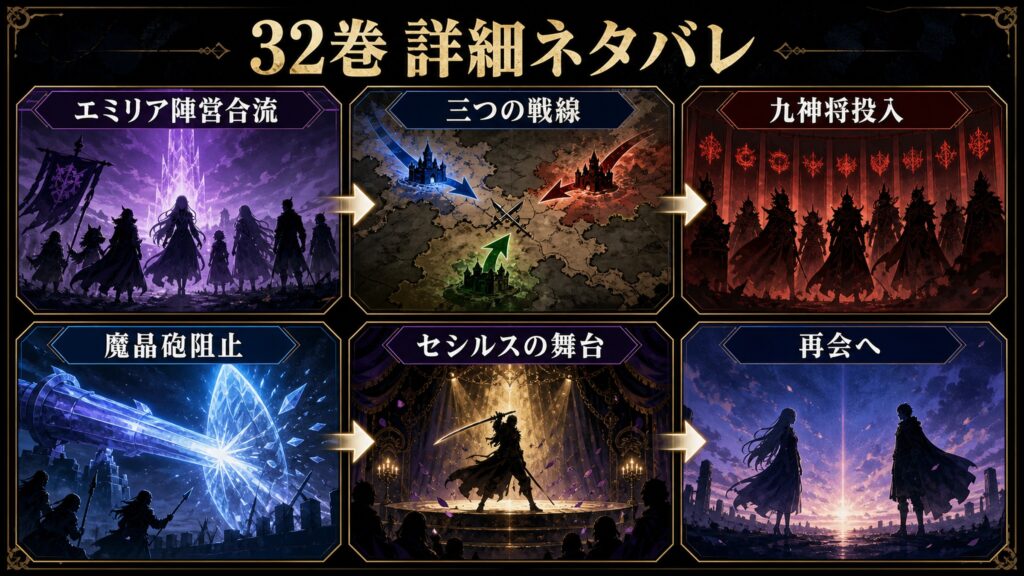 リゼロ原作小説32巻の詳細ネタバレをエミリア陣営合流、三つの戦線、九神将投入、セシルスの舞台、魔晶砲阻止、再会へとして整理した図解
