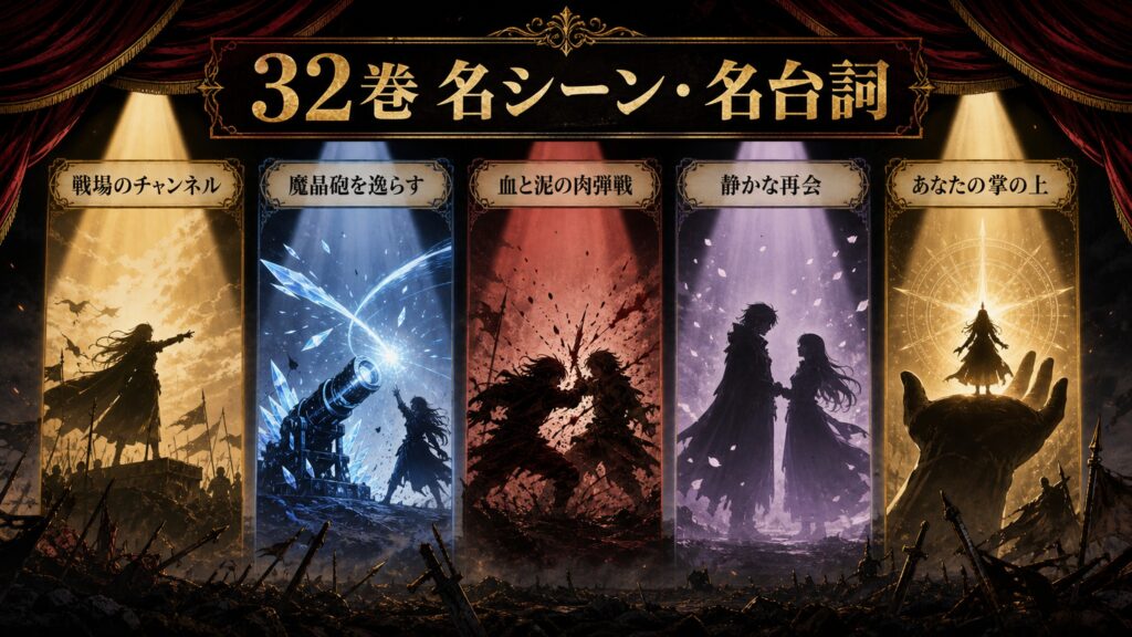 リゼロ原作小説32巻の名シーンと名台詞を戦場のチャンネル、魔晶砲を逸らす、血と泥の肉弾戦、静かな再会、あなたの掌の上として整理した図解