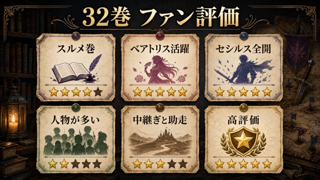 リゼロ原作小説32巻のファン評価をスルメ巻、ベアトリス活躍、セシルス全開、人物が多い、中継ぎと助走、高評価として整理した図解