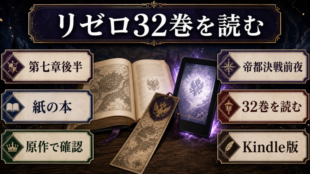 リゼロ原作小説32巻を読む導線を第七章後半、紙の本、Kindle版、原作で確認、帝都決戦前夜、32巻を読むとして整理した図解