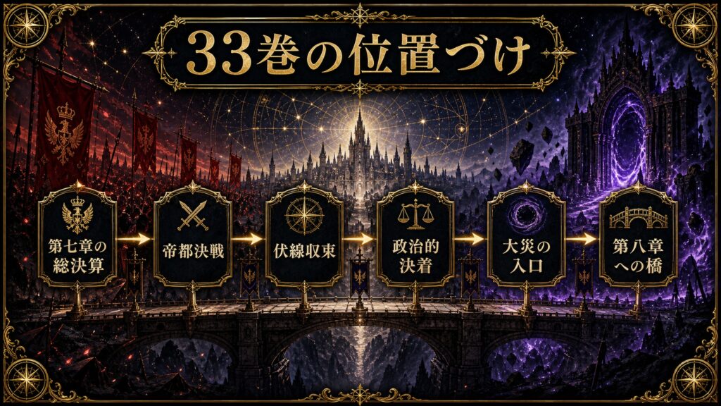 リゼロ33巻の位置づけを第七章の総決算、帝都決戦、伏線収束、政治的決着、大災の入口、第八章への橋として整理した図解