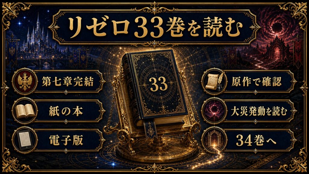 リゼロ33巻を読む導線を第七章完結、紙の本、電子版、原作で確認、大災発動を読む、34巻へとして整理した図解