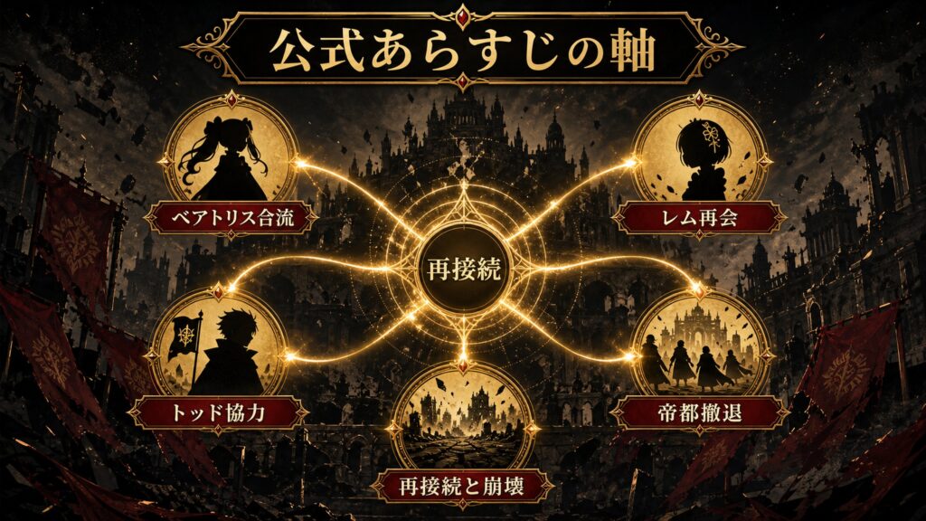リゼロ34巻の公式あらすじの軸をベアトリス合流、レム再会、トッド協力、帝都撤退、再接続と崩壊として整理した図解