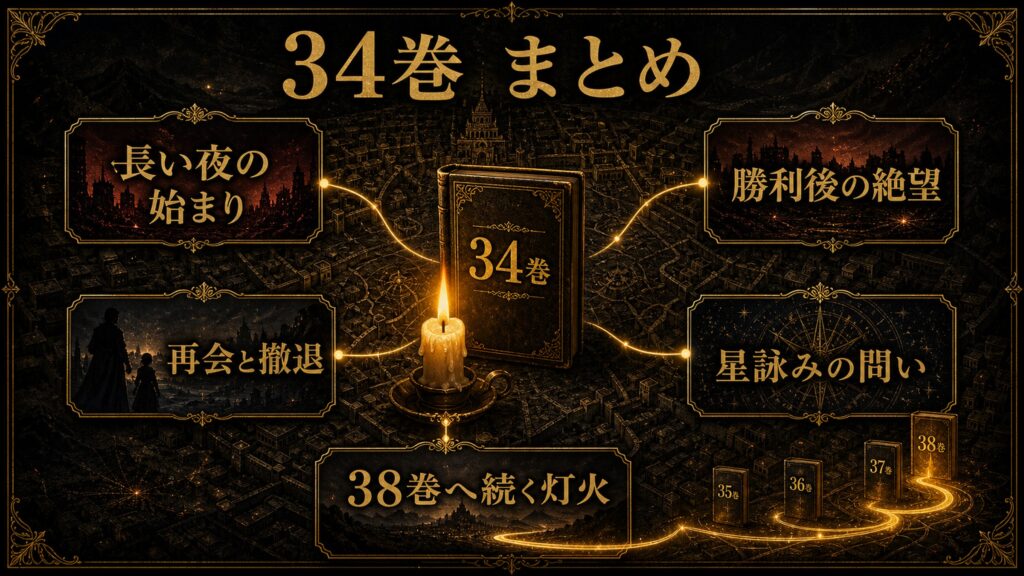 リゼロ34巻のまとめを長い夜の始まり、勝利後の絶望、再会と撤退、星詠みの問い、38巻へ続く灯火として整理した図解